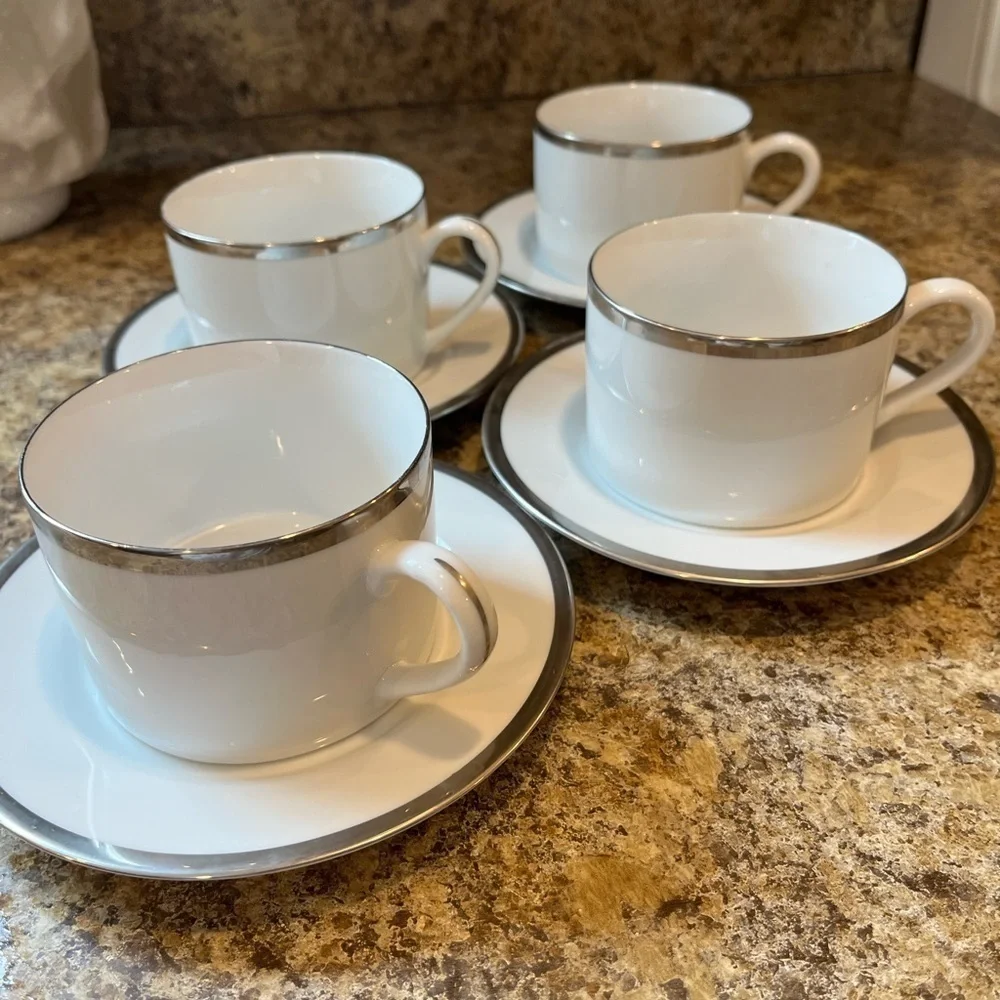 Pier 1 Monno Bangladesh Elegant White and Silver Tea Cups and Saucers Set of 4